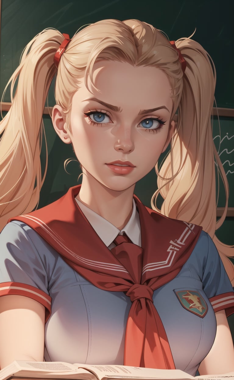 absurdres, highres, ultra detailed, masterpiece, cel shading,game CG,HDR,8k1girl,twintails,young soviet pioneer, red flag, soviet tank groupperfect lighting,dynamic angle,(school uniform:1.3),red neckchief,soviet,communism, Propaganda poster of communist ideology