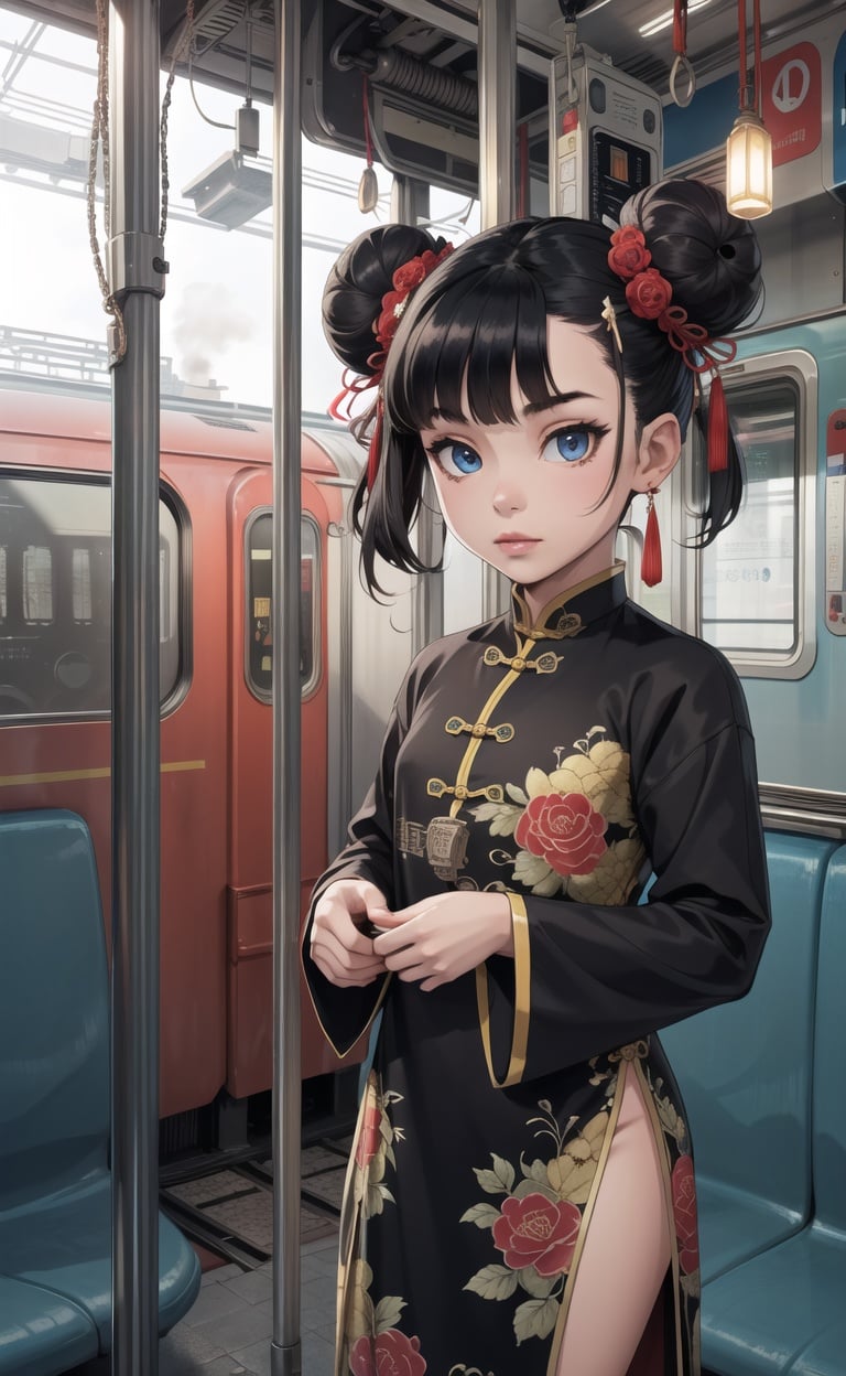 absurdres, highres, ultra detailed, masterpiece, cel shading,(obsolete machine:1.3),(19th train staion:1.1),london,steam locomotive1girl,(kid:1.2),solo,black hair,Orientalism,blue chinese clothes,double bun,hair ornament, high detail eyes,birdcage,steam,pigeon