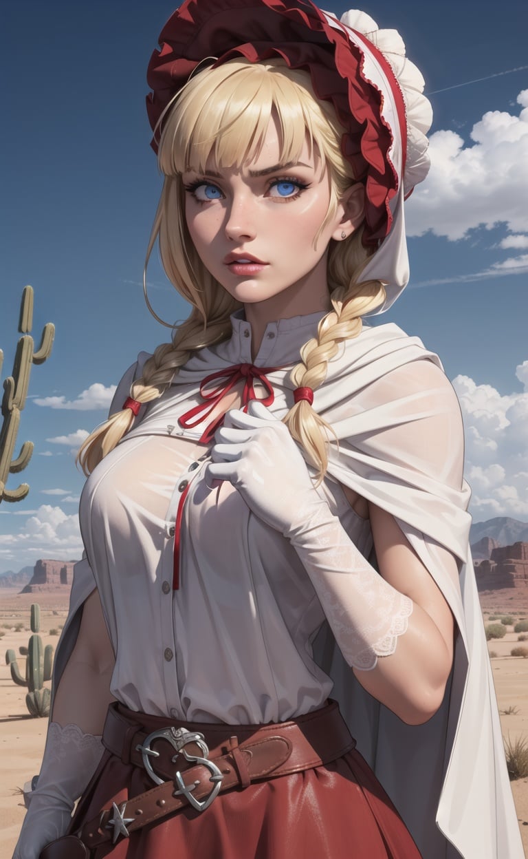 absurdres, highres, ultra detailed, masterpiece, cel shading,game CG,HDR,8k,1girl,solo,blonde,light lake blue eyes,(high detail eyes:1.1),(Double braid:1.2),blunt bangs,face focus,outdoor,desert, fierce wind,Cactus tumbleweed(maroon Western skirt),(white glove:1.2),(long shawl),leather belt,(bonnet:1.3)