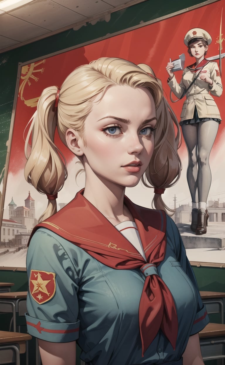 absurdres, highres, ultra detailed, masterpiece, cel shading,game CG,HDR,8k1girl,twintails,young soviet pioneer, red flag, soviet tank group,watercolor pencil \(medium\), perfect lighting,dynamic angle,(school uniform:1.3),red neckchief,soviet,communism, Propaganda poster of communist ideology