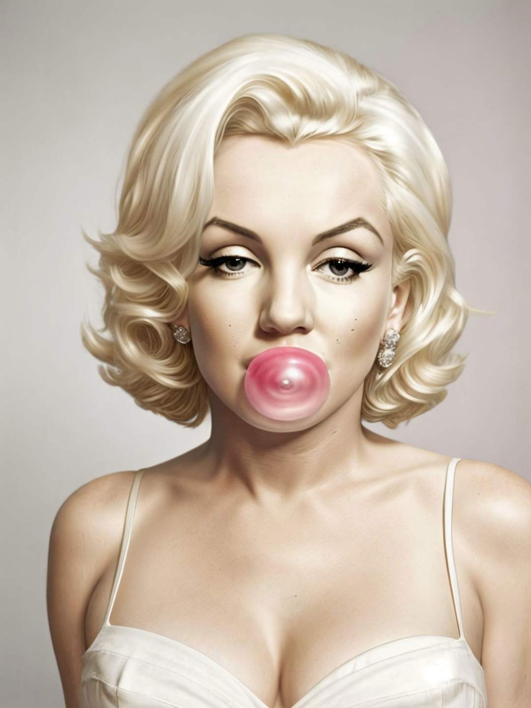 RAW Marilyn Monroe, looks at the camera, blonde, open shoulders, mole, light background, bokeh, ornate background. one big bubble gum, blowing bubble gum, white bubble gum, blow gum  <lora:Bubble Gum:0.5>