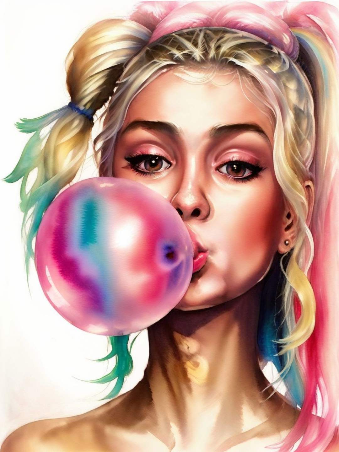 art by DEN_barbucci_artstyle, watercolour painting of 1girl, (scandinavian girls:1.2), (lesbian:1.1), adult, beach, swimsuit, (sweat:1.1), (smile:0.5), (hug:0.9), (breast press:0.5), (kiss:0.8), (nsfw:1.1). blowing bubble gum, pink bubble gum <lora:Bubble Gum:1>