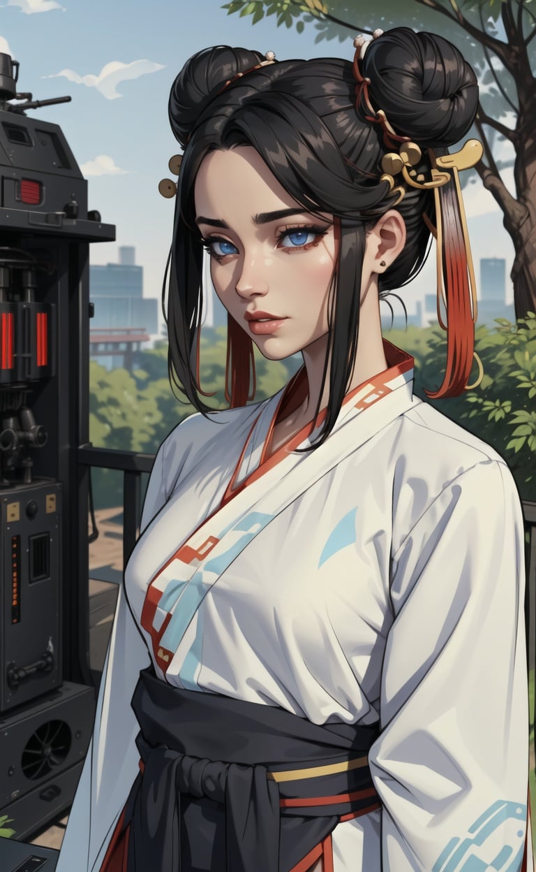 absurdres, highres, ultra detailed, masterpiece, cel shading,game CG,HDR,8k,outdoors,forest,(obsolete machine:1.3)1girl,gaint robot,solo,black hair,(hanfu:1.5),double bun,hair ornament, (high detail eyes:1.2)