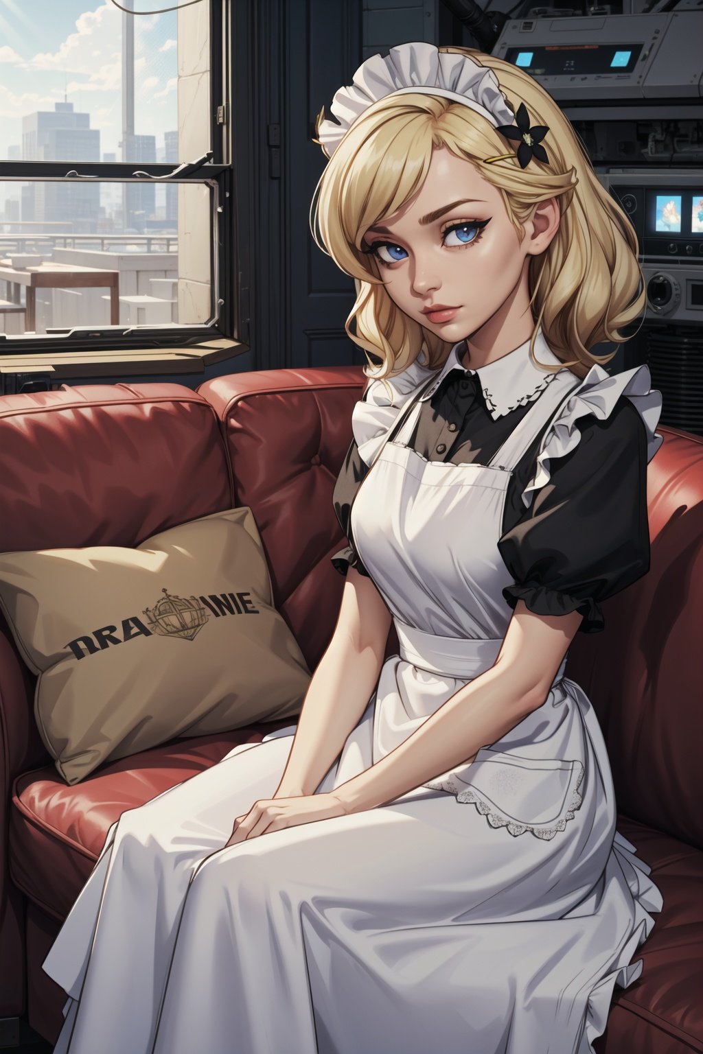 absurdres, highres, ultra detailed, masterpiece, cel shading,game CG,HDR,8k,indoors,lab,(obsolete machine:1.3),country,dynamic angle,siting,sunlight,on couch, looking at viewer, 1girl,(kid:1.2),blonde,maid uniform,maid apron,hair ornament, (high detail eyes:1.2)