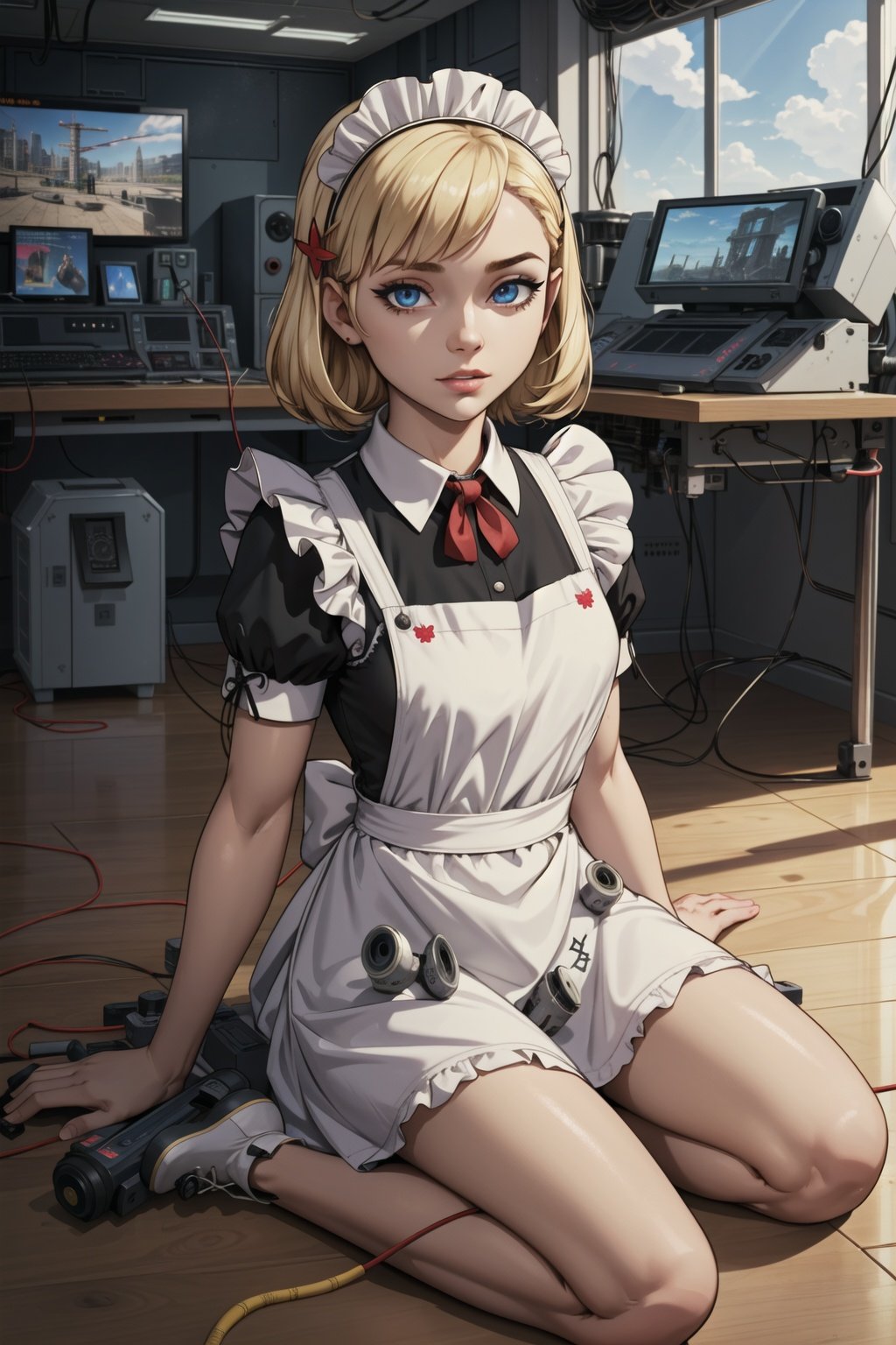 absurdres, highres, ultra detailed, masterpiece, cel shading,game CG,HDR,8k,indoors,lab,(surround by obsolete machine:1.3),wire,switch,screen,robot,country,dynamic angle,siting,sunlight,on floor, looking at viewer, 1girl,(kid:1.2),blonde,maid uniform,maid apron,hair ornament, (high detail eyes:1.2)