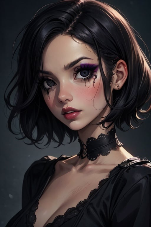 by TimBurton Animation, 1girl, solo, blurry, blurry background, black hair, wide-eyed, short hair, horror \(theme\), lips, dark, makeup, portrait, black eyes