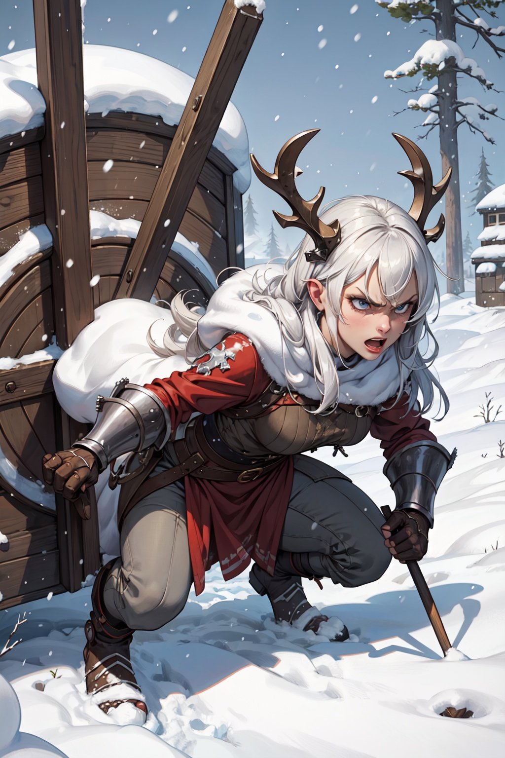 masterpiece, best quality,angry viking woman, snow background, covered with snow,