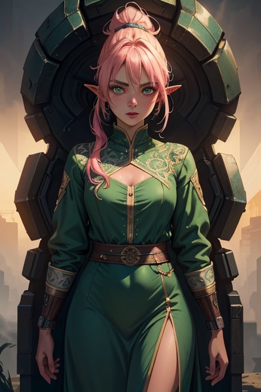 cute girl, Monster Girl, lime green skin, light pink hair, ponytail, green dress, solo,  , (masterpiece:1.2), (best quality, highest quality), (ultra detailed), (8k, 4k, intricate),(full-body-shot:1), (Cowboy-shot:1.2), (50mm), (highly detailed:1.2),(detailed face:1.2), detailed_eyes,(gradients),(ambient light:1.3),(cinematic composition:1.3),(HDR:1),Accent Lighting,extremely detailed CG unity 8k wallpaper,original, highres,(perfect_anatomy:1.2),