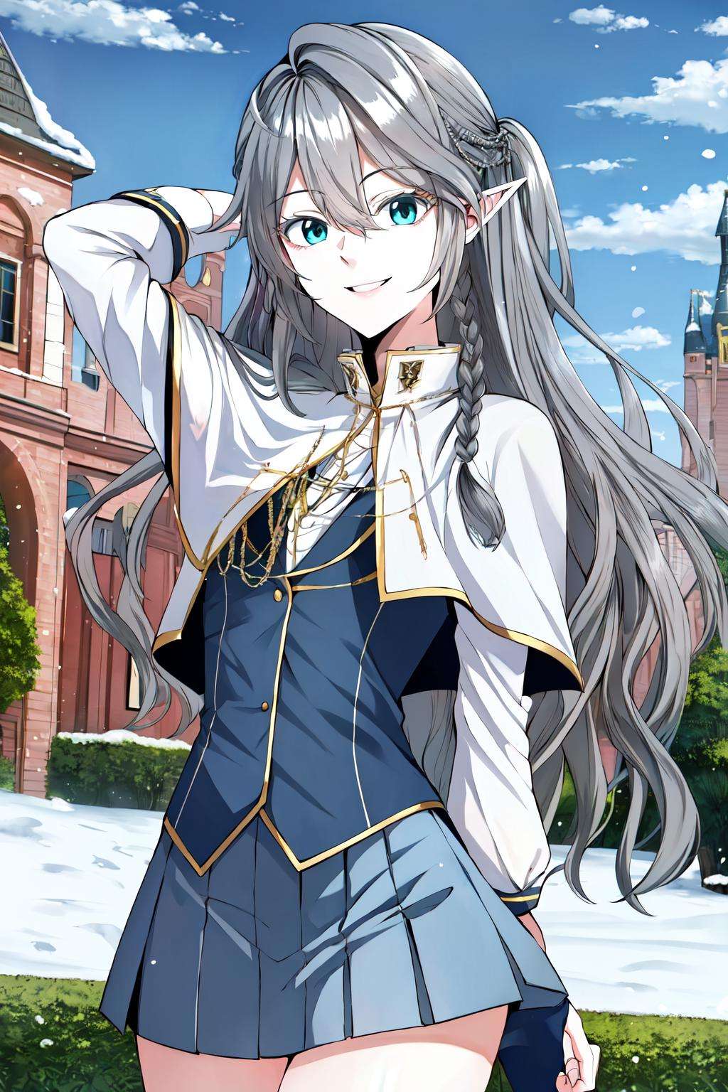 (masterpiece, best quality, absurdres), 1girl, solo, cowboy shot, <lora:TessiaEralith_V1-Manityro:0.8>, hand above head, tesXyrus, school uniform, smile, looking at viewer, castle, snow