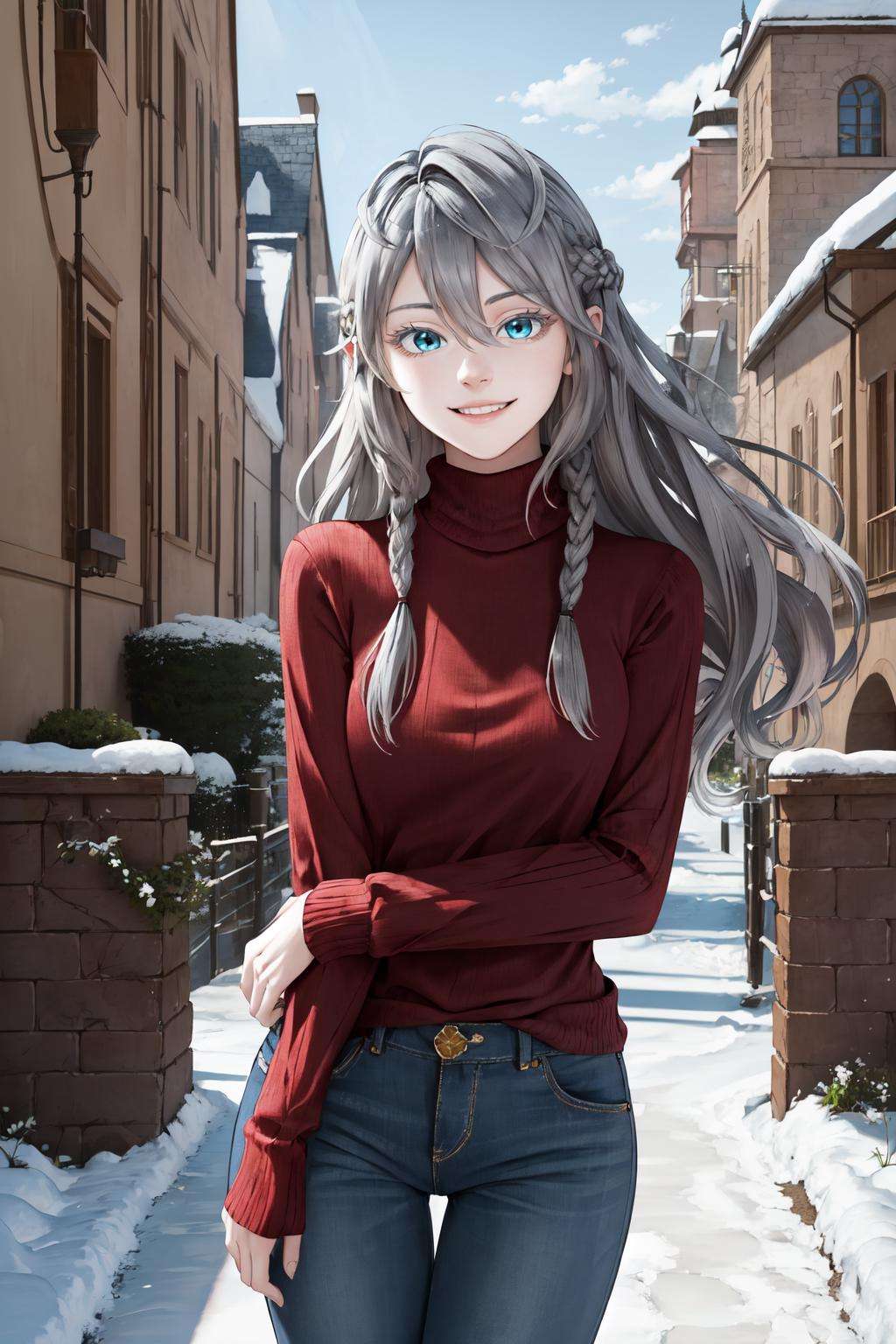 (masterpiece, best quality, absurdres), 1girl, solo, cowboy shot, <lora:TessiaEralith_V1-Manityro:0.6>, tessia, red sweater, turtleneck sweater, blue jeans, arms at sides, smile, looking at viewer, castle, snow