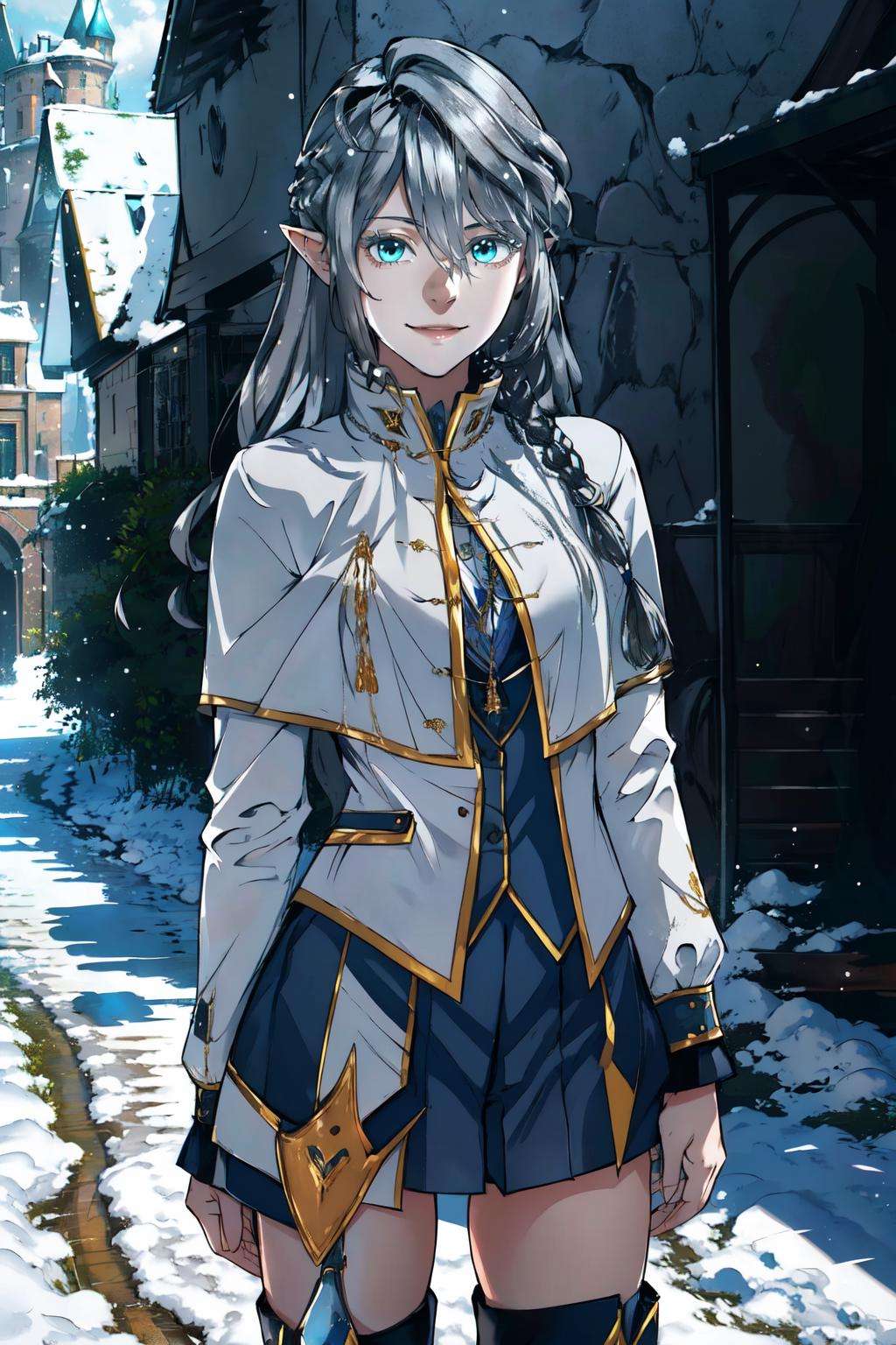 (masterpiece, best quality, absurdres), 1girl, solo, cowboy shot, <lora:TessiaEralith_V1-Manityro:0.8>, tesXyrus, school uniform, long sleeves, knee boots, arms at sides, smile, looking at viewer, castle, snow