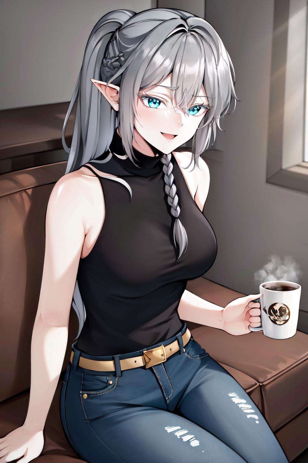 (masterpiece, best quality, absurdres), 1girl, solo, cowboy shot, <lora:TessiaEralith_V1-Manityro:0.6>, tessia, ponytail, sleeveless, black turtleneck, blue jeans, toned, biceps, happy, coffee mug, apartment, sofa, sitting