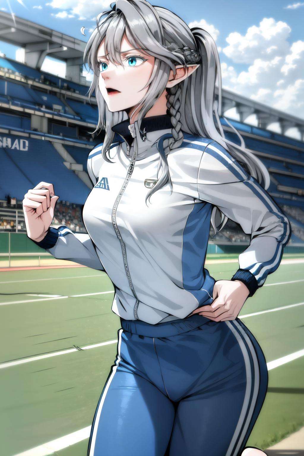 (masterpiece, best quality, absurdres), 1girl, solo, cowboy shot, <lora:TessiaEralith_V1-Manityro:0.8>, tessia, track jacket, track pants, muscular, focused, running, running track