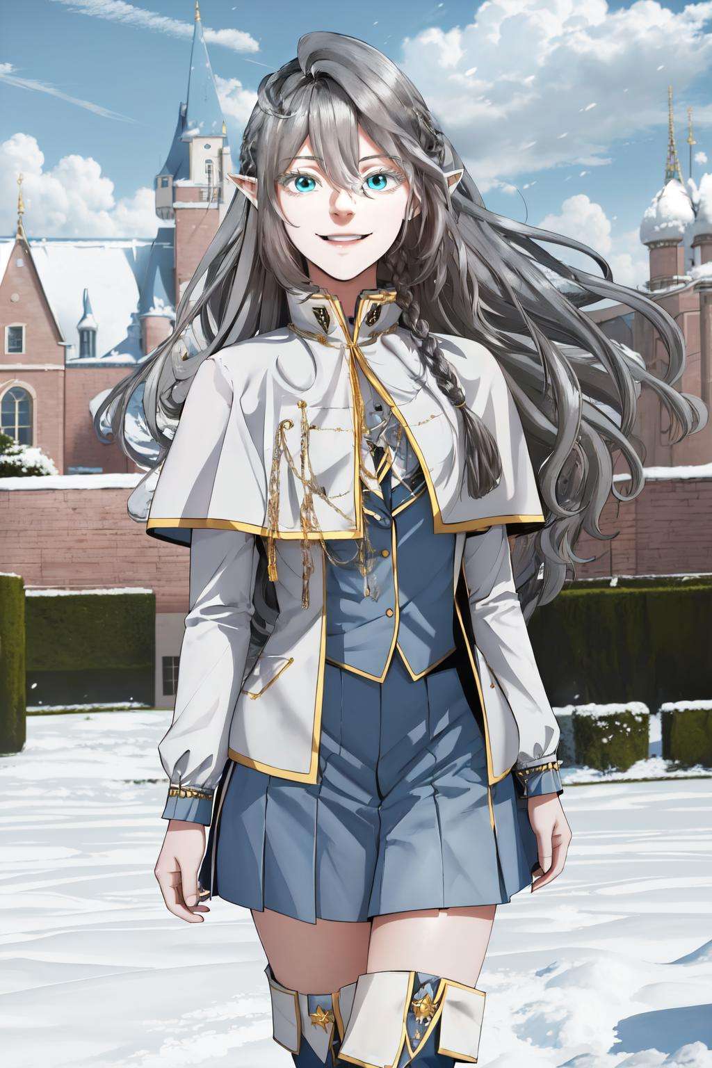 (masterpiece, best quality, absurdres), 1girl, solo, cowboy shot, <lora:TessiaEralith_V1-Manityro:1.0>, tesXyrus, school uniform, blue skirt, white vest, white footwear, knee boots, long sleeves, arms at sides, smile, looking at viewer, castle, snow
