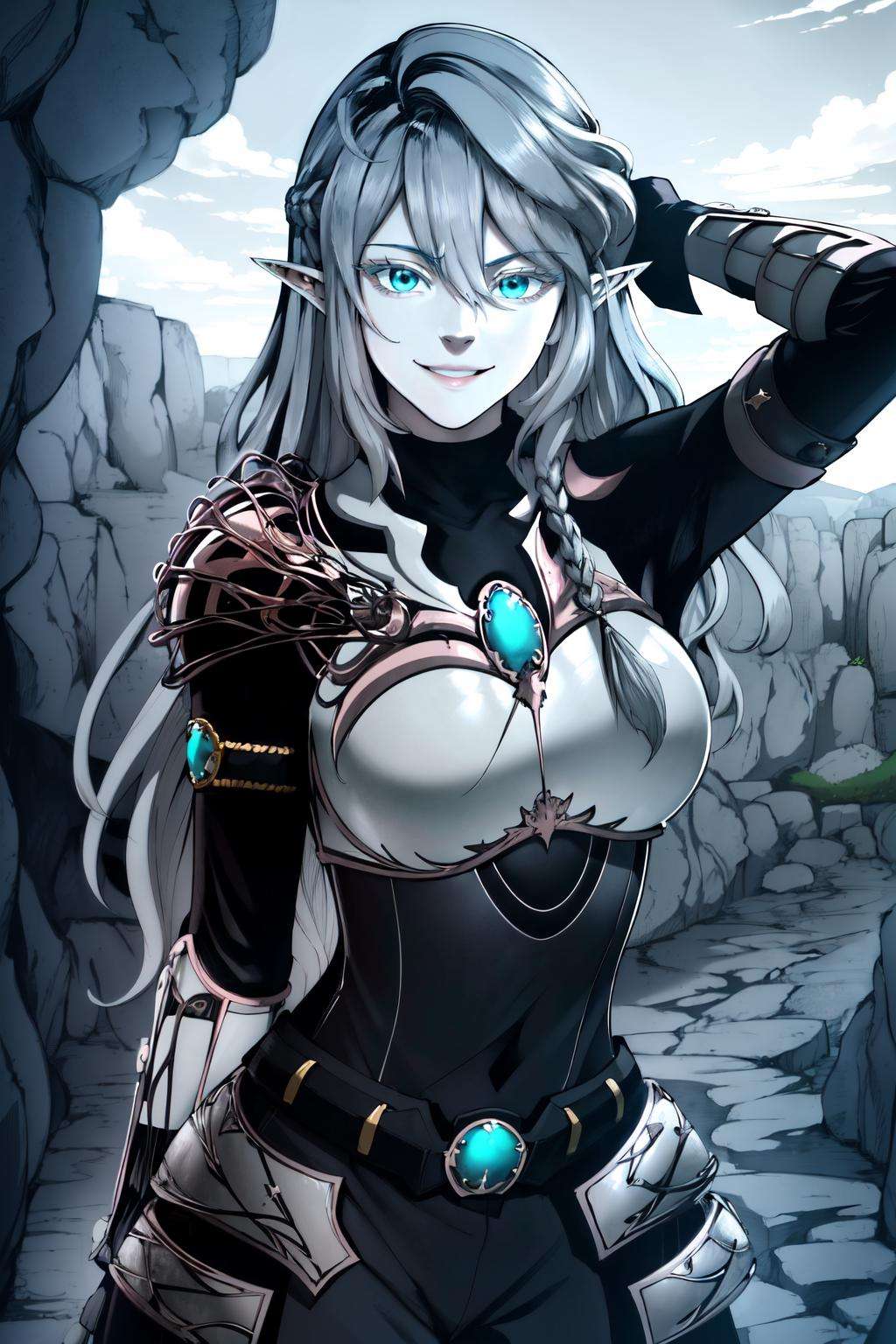 (masterpiece, best quality, absurdres), 1girl, solo, cowboy shot, <lora:TessiaEralith_V1-Manityro:0.8>, hands above head, tesBattle,  black bodysuit, armor, single shoulder pad, breast plate, arm guards, hip armor, smile, looking at viewer, toned, cave