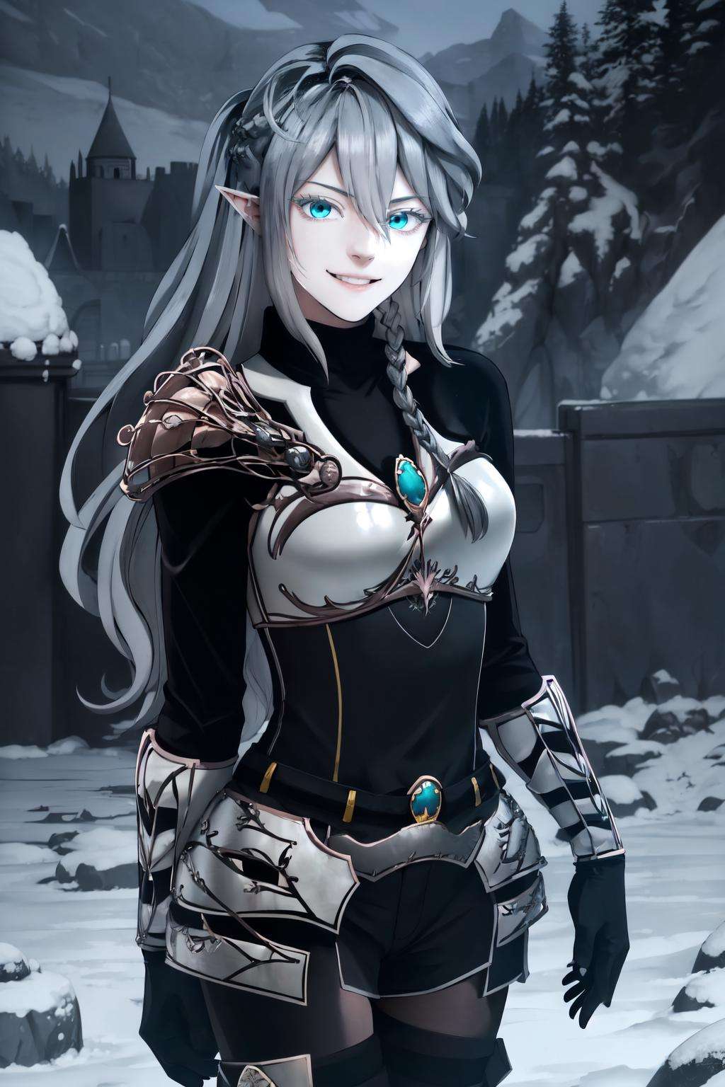 (masterpiece, best quality, absurdres), 1girl, solo, cowboy shot, <lora:TessiaEralith_V1-Manityro:0.8>, tesBattle,  black bodysuit, armor, arms at sides, smile, looking at viewer, castle, snow