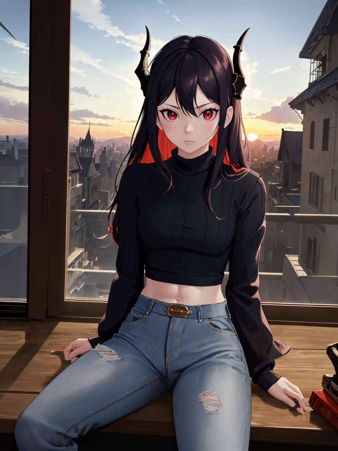 (Masterpiece, best quality), (highres, ultra-detailed), (absurdres, perfect anatomy), indoors, window, castle, ((sunset)), 1girl, solo, Caera, CCla, cowboy shot, red eyes, <lora:CaeraDenoir_V1-Manityro:0.8>, sitting, leaning back, looking at viewer, turtleneck sweater, black sweater, denim jeans, toned, abs