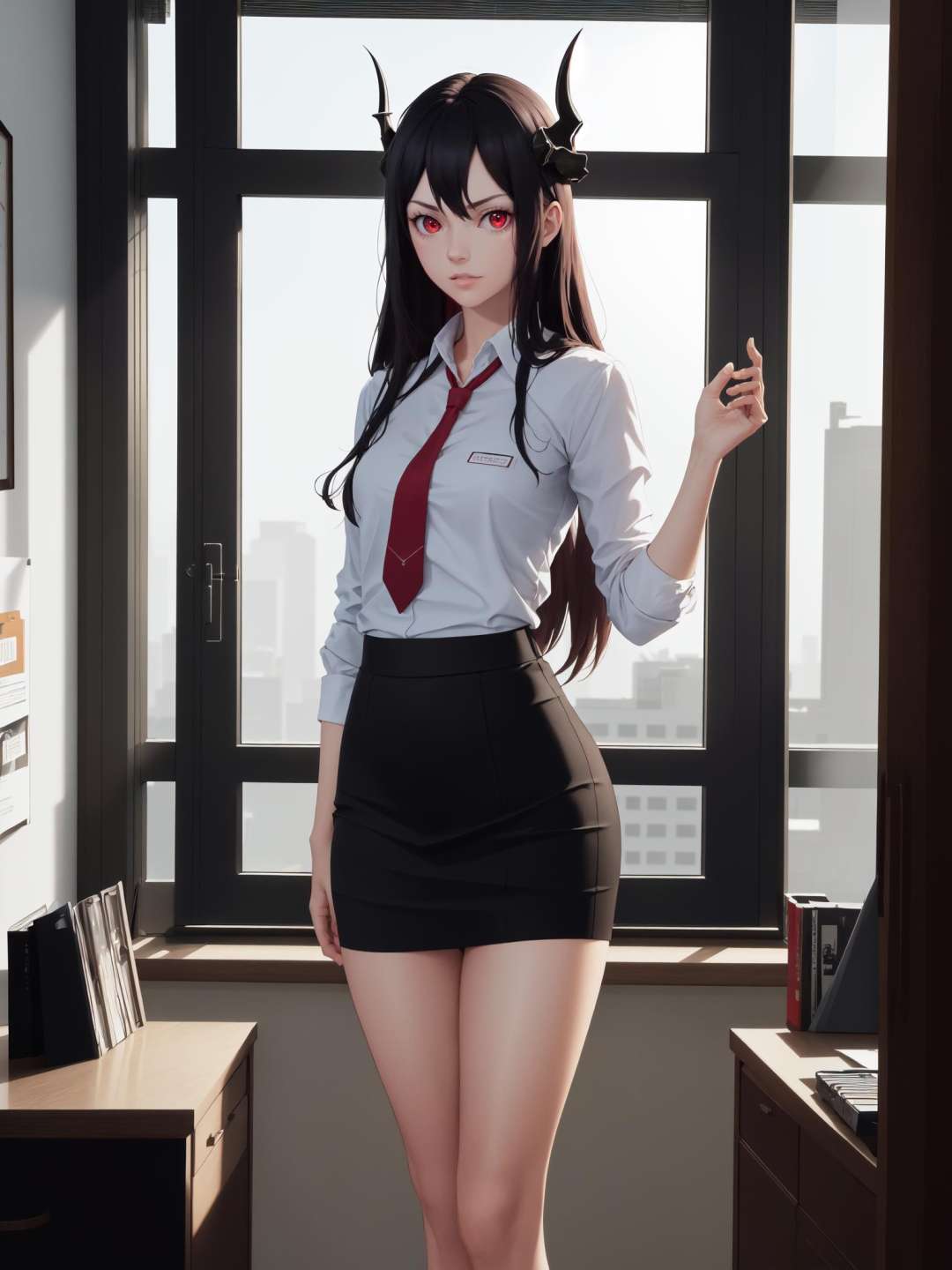 (Masterpiece, best quality), (highres, ultra-detailed), (absurdres, perfect anatomy), indoors, office, window, 1girl, solo, Caera, cowboy shot, red eyes, <lora:CaeraDenoir_V1-Manityro:0.7>, standing, business casual, necktie, (toned)