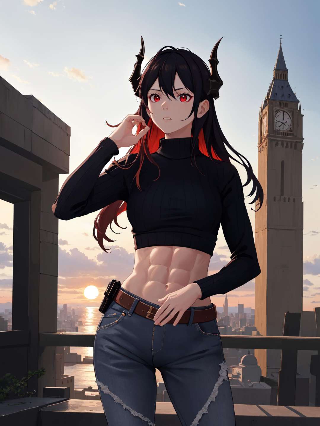(Masterpiece, best quality), (highres, ultra-detailed), (absurdres, perfect anatomy), rooftop, castle, ((sunrise)), 1girl, solo, Caera, CCla, cowboy shot, red eyes, <lora:CaeraDenoir_V1-Manityro:0.8>, standing, looking up, turtleneck sweater, black sweater, denim jeans, toned, abs