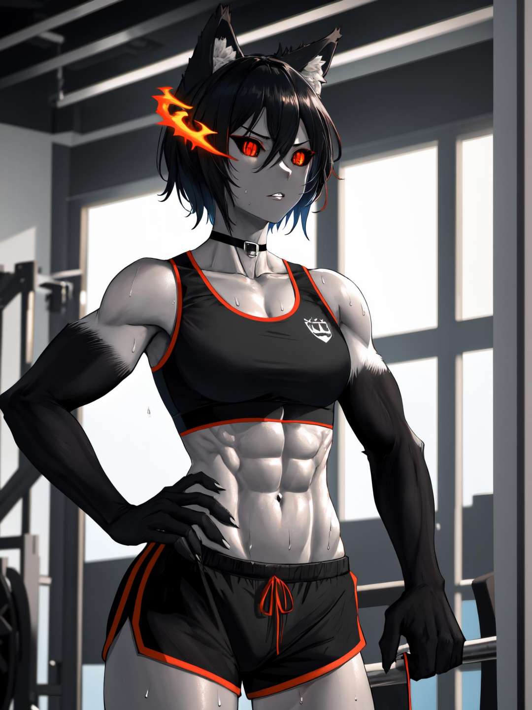 (Masterpiece, best quality), (highres, ultra-detailed), (absurdres, perfect anatomy), indoors, gym, 1girl, solo, cowboy shot, hhmge, monster girl, (black sclera), dark skin, grey skin, black fur, (animal hands), wolf paws, red eyes, hair between eyes, shoulder-length hair, bangs, medium breasts, slit pupils,<lora:hellhound_V1-Manityro:1.0>, glaring, lips, sweat, toned, abs, choker, sports bra, gym shorts