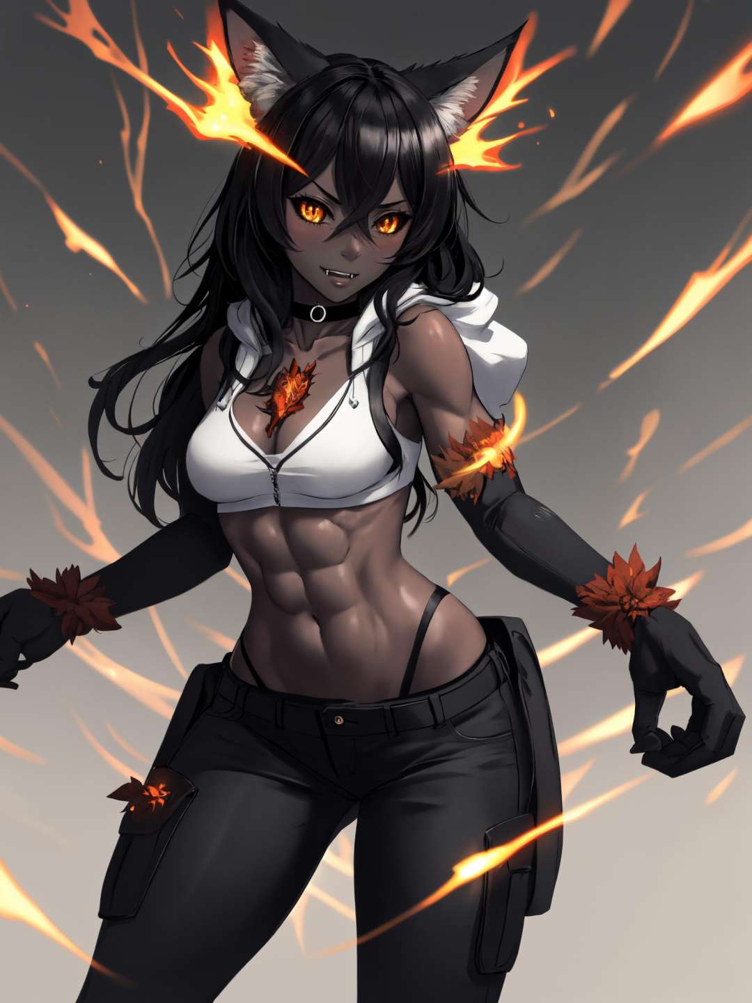 (Masterpiece, best quality), (highres, ultra-detailed), (absurdres, perfect anatomy), 1girl, solo, cowboy shot, hhmge, monster girl, black sclera, dark skin, grey skin, (animal hands), wolf paws, yellow eyes, hair between eyes, shoulder-length hair, bangs, medium breasts,<lora:hellhound_V1-Manityro:1.0>, fangs, happy, blush, toned, (abs:0.95), white hoodie, choker, pants