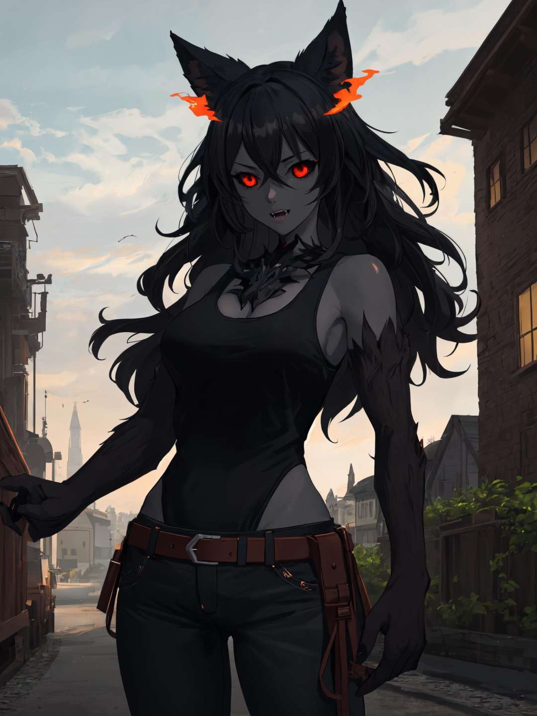 (Masterpiece, best quality), (highres, ultra-detailed), (absurdres, perfect anatomy), outdoors, castle, 1girl, solo, hhmge, monster girl, black sclera, dark skin, grey skin, (animal hands), cowboy shot, red eyes, black fur, hair between eyes, long hair, <lora:hellhound_V1-Manityro:1.0>, tank top, pants, toned, fangs, parted lips