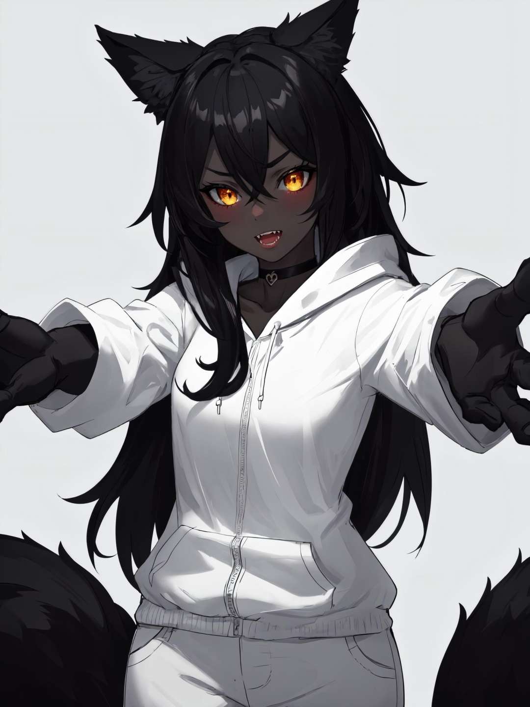 (Masterpiece, best quality), (highres, ultra-detailed), (absurdres, perfect anatomy), 1girl, solo, cowboy shot, hhmge, monster girl, black sclera, dark skin, grey skin, (animal hands), wolf paws, yellow eyes, hair between eyes, shoulder-length hair, bangs, medium breasts,<lora:hellhound_V1-Manityro:0.9>, fangs, happy, blush, toned, simple background, gradient background, white hoodie, choker, long sleeves, pants, outstretched arms, hug