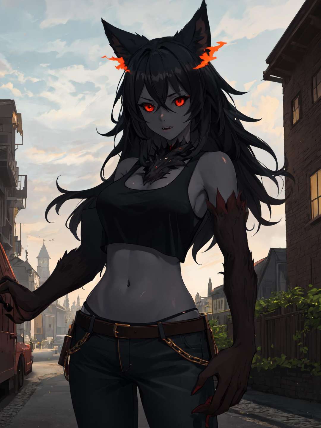 (Masterpiece, best quality), (highres, ultra-detailed), (absurdres, perfect anatomy), outdoors, castle, 1girl, solo, hhmge, monster girl, black sclera, dark skin, grey skin, (animal hands), cowboy shot, red eyes, black fur, hair between eyes, long hair, <lora:hellhound_V1-Manityro:1.0>, tank top, pants, toned, fangs, parted lips