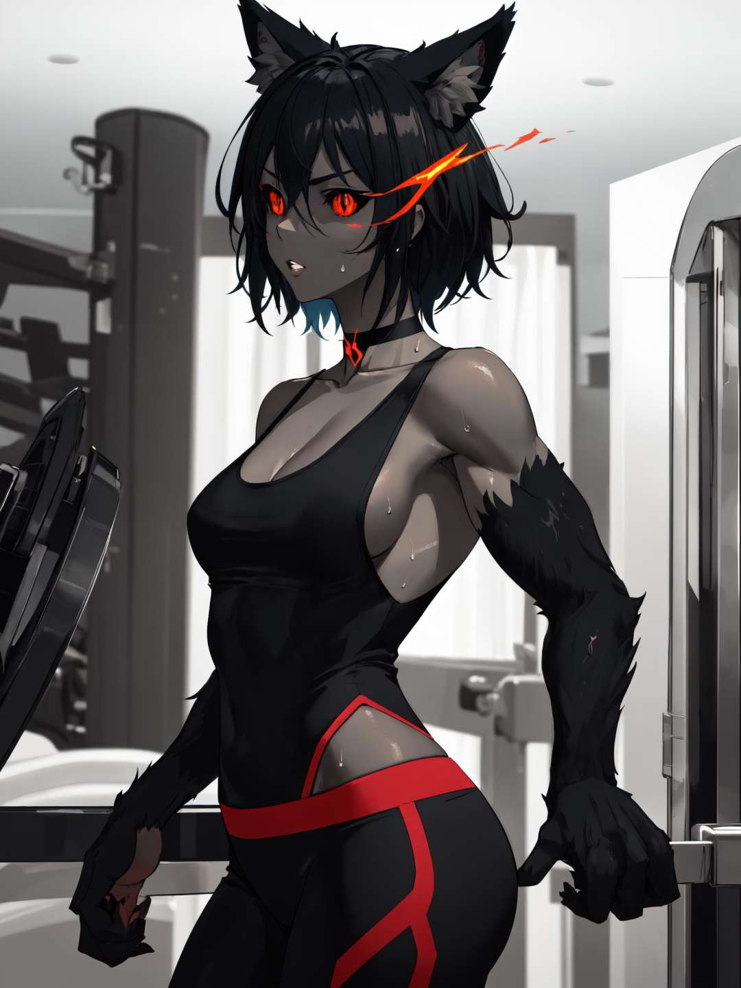 (Masterpiece, best quality), (highres, ultra-detailed), (absurdres, perfect anatomy), inside, gym, 1girl, solo, upper body, hhmge, monster girl, (black sclera), dark skin, grey skin, black fur, (animal hands), wolf paws, red eyes, hair between eyes, short hair, bangs, medium breasts, slit pupils,<lora:hellhound_V1-Manityro:1.0>, parted lips, sweat, choker, sideboob, tank top, from side, no bra, standing, looking to the side, toned, muscular