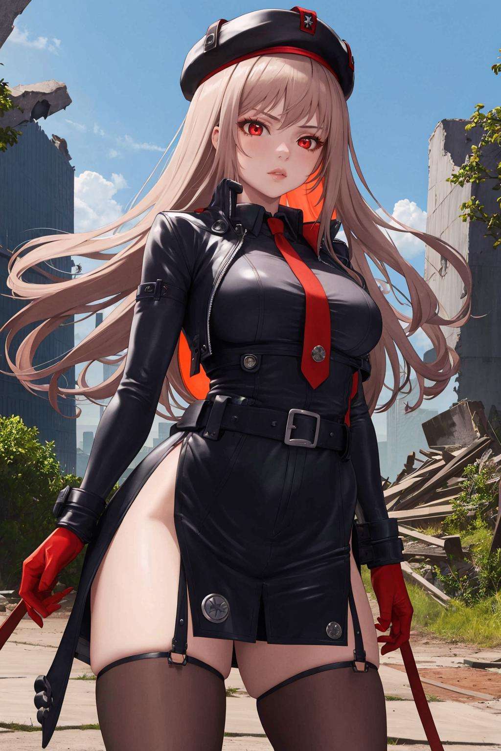 masterpiece, best quality, 1girl, solo, standing, cowboy shot, <lora:rapi-nikke-richy-v1:1> rapidef, ruins, city, hat, gloves, red eyes, skirt, side slit, long hair, 