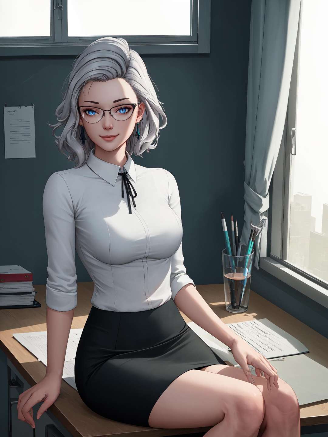 (masterpiece, best quality), indoors, office, window, cowboy shot, 1girl, solo, lilysub, blue eyes, glowing eyes, <lora:LilySubverse_V1-Manityro:1.0>, sitting on desk, looking at viewer, semi-rimless eyewear, earrings,  smile, neck ribbon, business casual, pencil skirt, toned