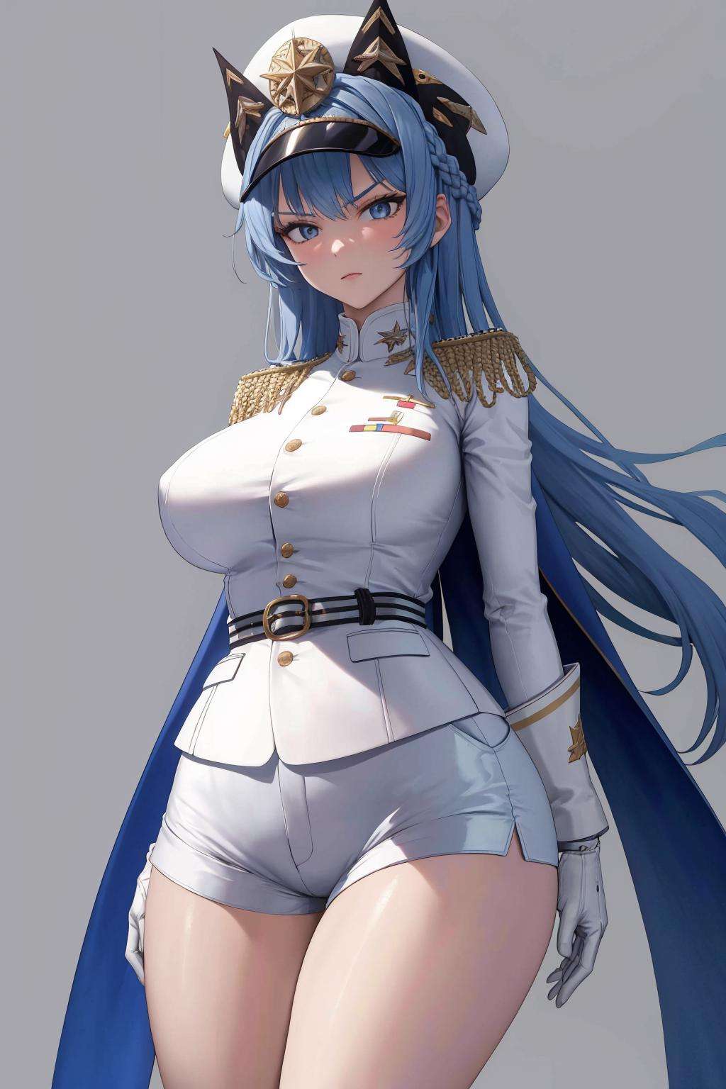 masterpiece, best quality, 1girl, solo, <lora:helm-nikke-richy-v1:1> helmdef, hat, military, large breasts, white shorts, bare legs, long legs, thighs, wide hips, gloves, long sleeves