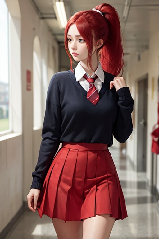 (masterpiece), 1girl, ponytail, redhair, school uniform, school hallway