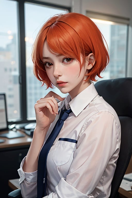 (masterpiece), 1girl, orange hair, short hair, serious face, talking, office uniform, office