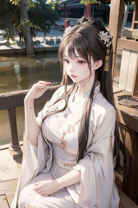 upper body, oil painting, masterpiece, best quality, highres, <lora:koreanDollLikeness_v15:0.5>, long brown hair, jewelry hairpin, large breast,riverside and rock or temple or bridge, extremely clothes, sitting, (song Dynasty, song clothing:1.2), <lora:hanfuChinese_v20:0.7>,<lora:Moxin_10:0.2>