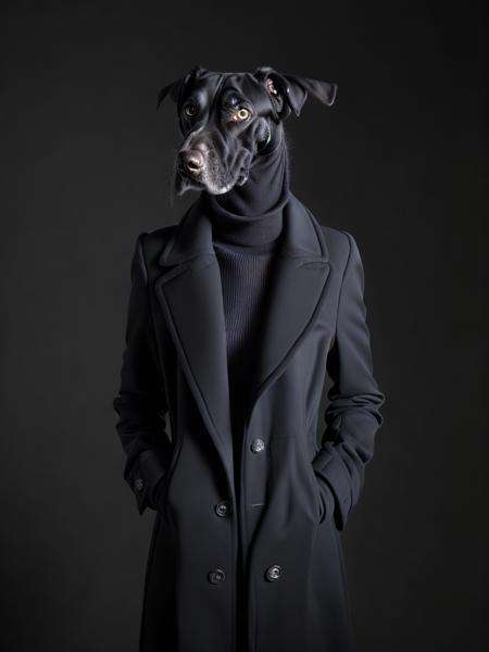 <lora:AnimalClothes:1>a dog wearing a black coat and a hat