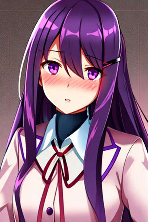 1girl, yuriddlc, solo, purple eyes, long hair, hair ornament, purple hair, hairclip, school uniform, blush, looking at viewer, jacket, parted lips, ribbon, hair between eyes, bangs, long sleeves, wide-eyed, school background, yandere