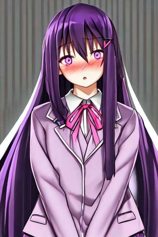 1girl, yuriddlc, solo, purple eyes, long hair, hair ornament, purple hair, hairclip, school uniform, blush, looking at viewer, jacket, parted lips, ribbon, interlocked fingers, own hands together, hair between eyes, bangs, long sleeves, wide-eyed