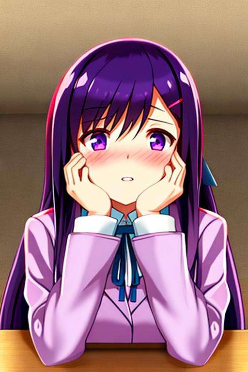 1girl, yuriddlc, solo, knife, blood on hands ,purple eyes, long hair, hair ornament, purple hair, hairclip, school uniform, blush, looking at viewer, jacket, parted lips, ribbon, interlocked fingers, own hands together, hair between eyes, bangs, long sleeves, wide-eyed, school background, 