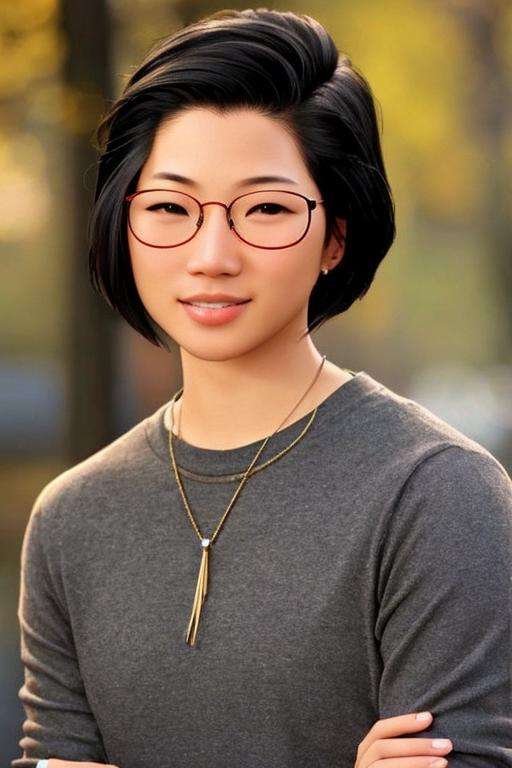 alexchen,1girl, solo, glasses, jewelry, realistic, blurry background, brown eyes, black hair, earrings, blurry, nose, necklace, shirt, lips, short hair, closed mouth, mole, black shirt, piercing, sweater