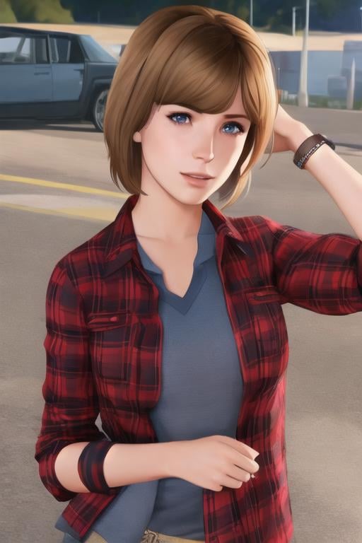 portrait of maxcaulfield ,solo, shirt, brown hair, short hair, realistic, upper body, plaid shirt, striped shirt, lips, plaid, blue eyes, nose, red shirt, bangs, open clothes, showing_ass:1.3