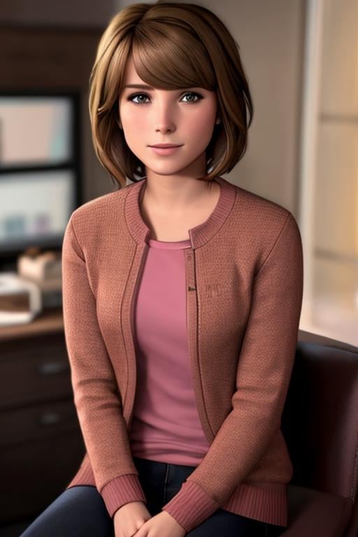 portrait of maxcaulfield ,solo, shirt, brown hair, short hair, realistic, pink sweater, desktop, seated, happy face, looking to viewer, bangs