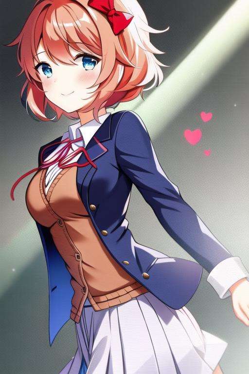 1girl, sayoriddlc ,solo, skirt, smile, bow, hair bow, blue eyes, short hair, school uniform, blue skirt, pink hair, jacket, looking at viewer, red bow, pleated skirt, leaning forward, ribbon, shirt, bangs, hair between eyes, white shirt, red ribbon, breasts, neck ribbon, blush, long sleeves, showing_ass:1.3