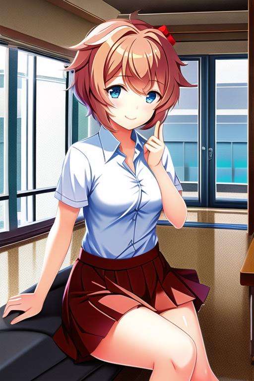 1girl, sayoriddlc ,solo, skirt, smile, bow, hair bow, blue eyes, short hair, school uniform, school background, seated