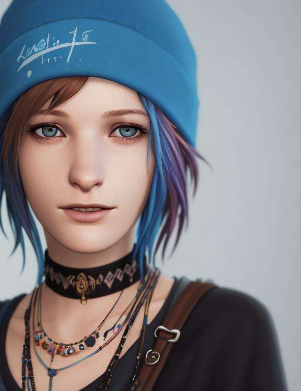 masterpiece, best quality, high quality, extremely detailed CG unity 8k wallpaper,A portrait of chloeprice, blue hair, brown eyes, looking at viewer, hyperrealistic, ultra detailed, beanie, choker, tattos