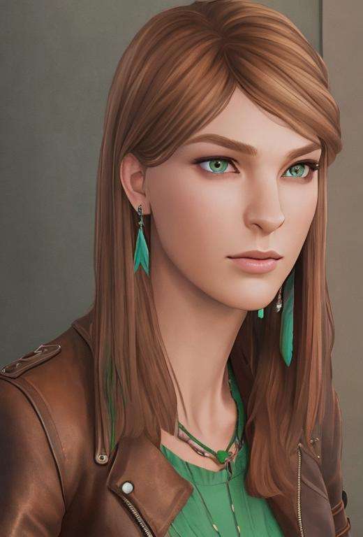 masterpiece, best quality, high quality, extremely detailed CG unity 8k wallpaper,A portrait of rachelamber, brown hair, green eyes, looking at viewer, hyperrealistic, ultra detailed, choker, (leather jacket:1.2), feather earring