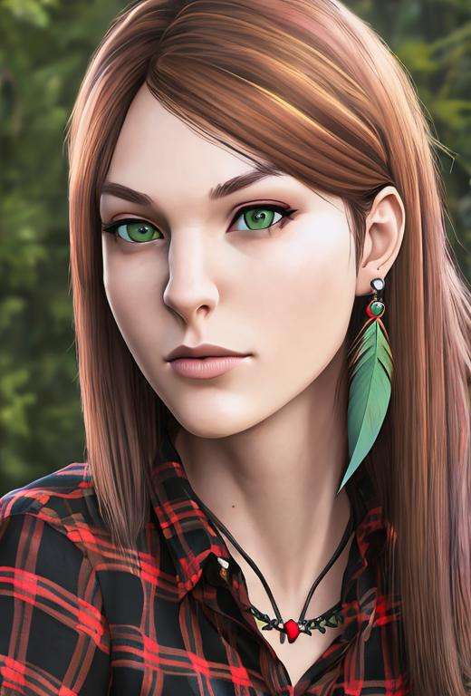 masterpiece, best quality, high quality, extremely detailed CG unity 8k wallpaper,A portrait of rachelamber, black hair, green eyes, looking at viewer, hyperrealistic, ultra detailed, choker, (red plaid shirt:1.1), feather earring