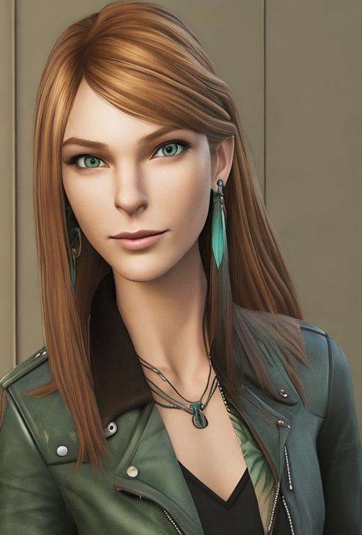 masterpiece, best quality, high quality, extremely detailed CG unity 8k wallpaper,A portrait of rachelamber, brown hair, green eyes, looking at viewer, hyperrealistic, ultra detailed, choker, (leather jacket:1.2), feather earring, (smiling:1.1)