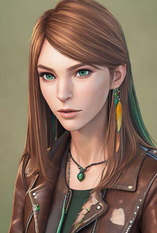 masterpiece, best quality, high quality, extremely detailed CG unity 8k wallpaper,A portrait of rachelamber, brown hair, green eyes, looking at viewer, hyperrealistic, ultra detailed, choker, (leather jacket:1.2), feather earring