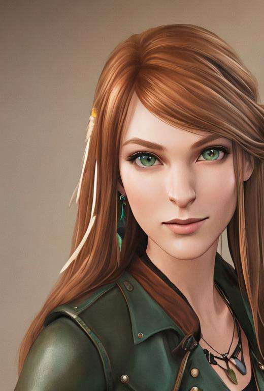 masterpiece, best quality, high quality, extremely detailed CG unity 8k wallpaper,A portrait of rachelamber, brown hair, green eyes, looking at viewer, hyperrealistic, ultra detailed, choker, (leather jacket:1.2), feather earring, (smiling:1.1)